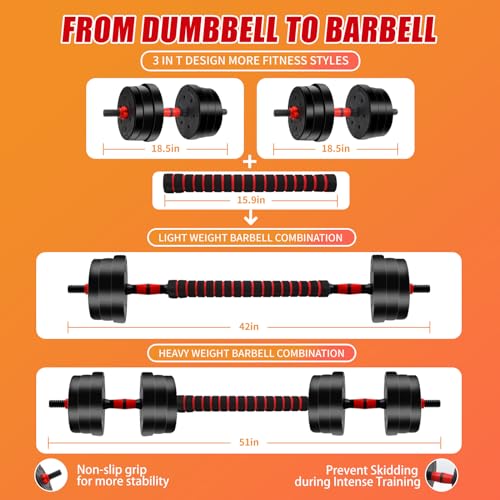 3 in 1 Convertible Dumbbell Barbell Fitness Set for Men and Women, 40lbs Adjustable Weights Dumbbells with Connector, Ho